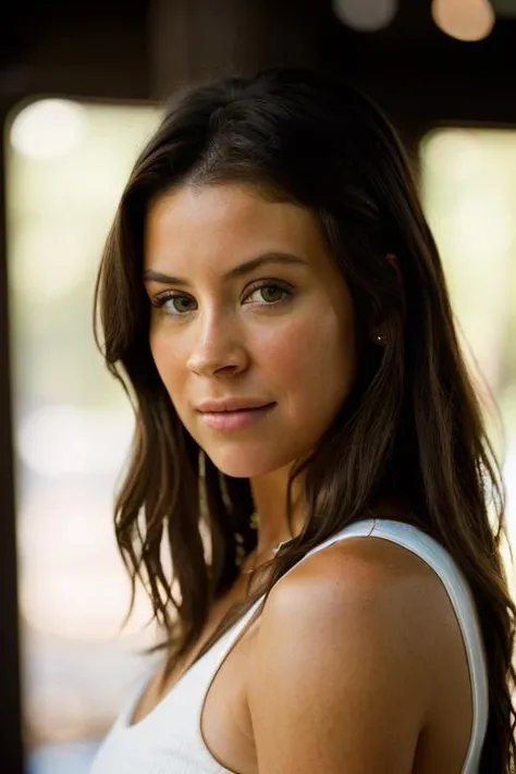 Realistic photo of a beautiful 3v4ng3l1n3l-v1 woman, 1girl, solo, long hair, looking at viewer, brown hair, brown eyes, upper body, sleeveless, blurry, lips, blurry background, realistic, soft lighting, professional Photography, Photorealistic, detailed, RAW, analog, sharp focus, 8k, HD, DSLR, high quality, Fujifilm XT3, film grain, award winning, masterpiece<lora:3v4ng3l1n3l-v1:1.0>