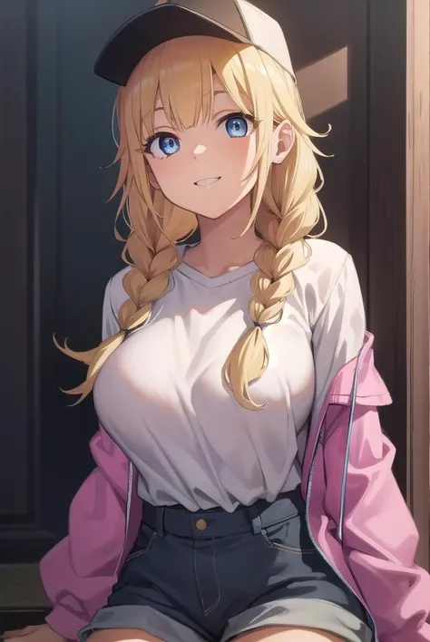 eikotsukimi, <lora:eikotsukimi:1>, eiko tsukimi, blonde hair, braid, baseball cap, twin braids, long hair, smile, multicolored jacket, white shirt, shorts, (medium breast:1.2), BREAK looking at viewer, BREAK outside, BREAK <lora:GoodHands-vanilla:1>, (masterpiece:1.2), best quality, high resolution, unity 8k wallpaper, (illustration:0.8), (beautiful detailed eyes:1.6), extremely detailed face, perfect lighting, extremely detailed CG, (perfect hands, perfect anatomy),