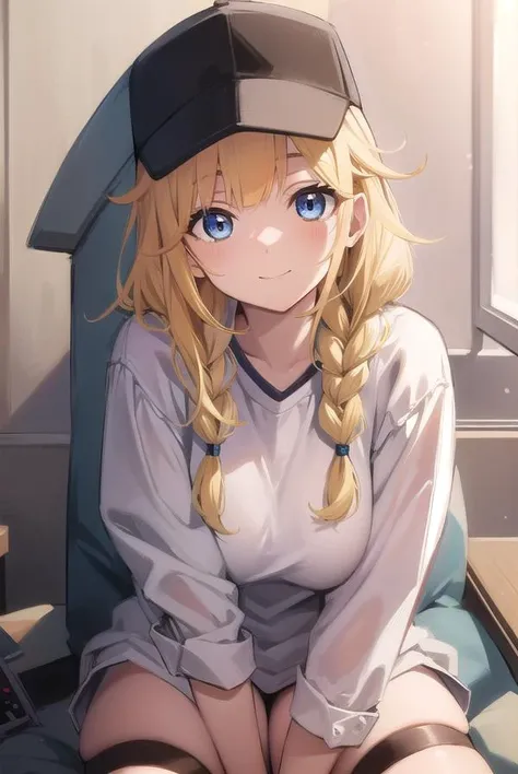 eikotsukimi, <lora:eikotsukimi:1>, eiko tsukimi, blonde hair, braid, baseball cap, twin braids, long hair, smile, multicolored jacket, white shirt, shorts, (medium breast:1.2), BREAK looking at viewer, BREAK outside, BREAK <lora:GoodHands-vanilla:1>, (masterpiece:1.2), best quality, high resolution, unity 8k wallpaper, (illustration:0.8), (beautiful detailed eyes:1.6), extremely detailed face, perfect lighting, extremely detailed CG, (perfect hands, perfect anatomy),