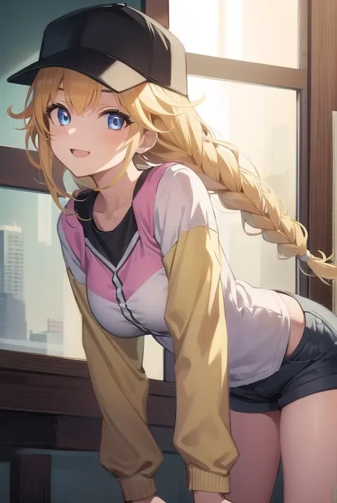 eikotsukimi, <lora:eikotsukimi:1>, eiko tsukimi, blonde hair, braid, baseball cap, twin braids, long hair, smile, multicolored jacket, white shirt, shorts, (medium breast:1.2), BREAK looking at viewer, BREAK outside, BREAK <lora:GoodHands-vanilla:1>, (masterpiece:1.2), best quality, high resolution, unity 8k wallpaper, (illustration:0.8), (beautiful detailed eyes:1.6), extremely detailed face, perfect lighting, extremely detailed CG, (perfect hands, perfect anatomy),