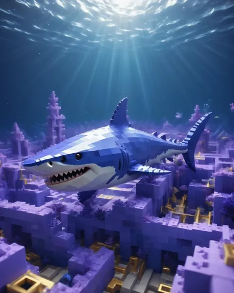 ((best quality)),(masterpiece),shark,awardwinning,Psykadelicwoxel3d,made of voxels, <lora:Psykadelicwoxel3d-step00000350:1>,scenery in the background,underwater