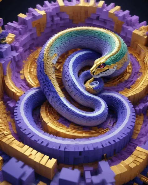 ((best quality)),(masterpiece),snake,awardwinning,Psykadelicwoxel3d, psychedelic,<lora:Psykadelicwoxel3d-step00000350:1>,scenery in the background,made of voxels