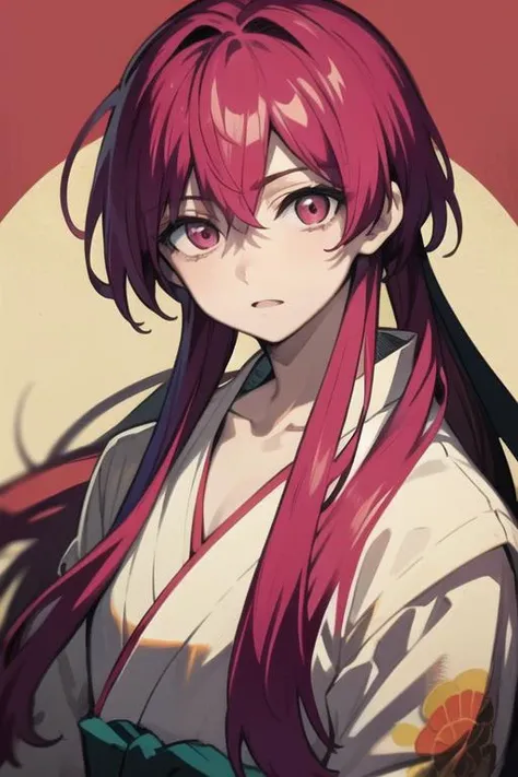 masterpiece, best quality, high quality, 1boy, solo, male focus, looking at viewer, upper body, <lora:kouha_ren:0.60>, kouha_ren, red hair, long hair, pink eyes, , yukata