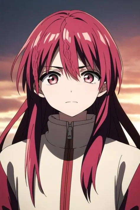 masterpiece, best quality, high quality, 1boy, solo, male focus, looking at viewer, upper body, <lora:kouha_ren:0.72>, kouha_ren, red hair, long hair, pink eyes, braid, track suit