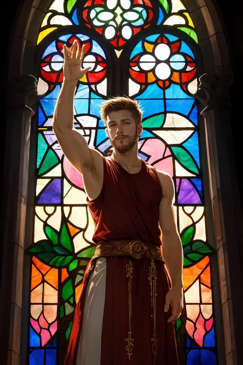 illustration, philperson <lora:phil_epoch_5:0.8>, beard, cathedral background, dressed as Christian templar warrior, sleeveless, tunic, religious iconography, stained glass windows, crepuscular rays, commanding pose, welcoming expression