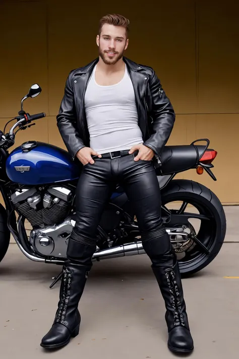illustration, philperson <lora:phil_epoch_5:0.8>, beard, abstract industrial background, Tom of Finland style, dressed as leather biker, (white tanktop), jacket, boots, next to motorcycle, wide stance, confident welcoming expression, strong lines