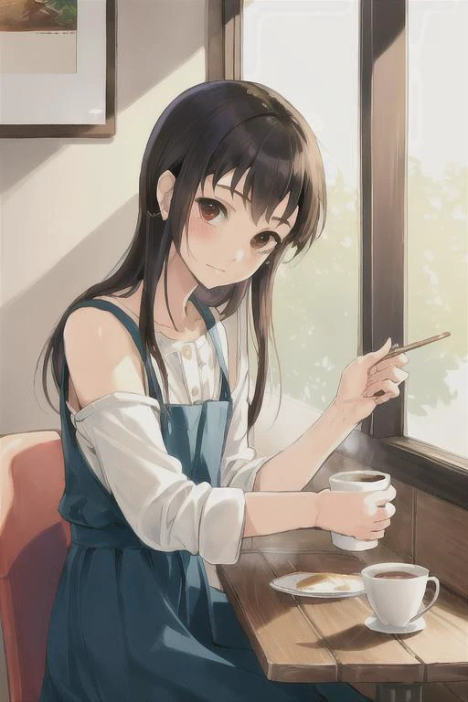 <lora:koga norioV1:.75>, (best quality, masterpiece), norio, 1boy, solo, black_hair, brown_eyes, long hair, looking at viewer, blush. indoors, cafe,