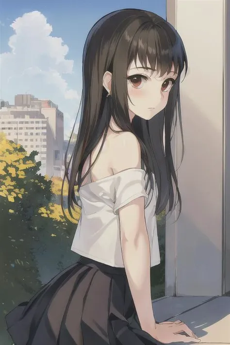 <lora:koga norioV1:.7>, (best quality, masterpiece), norio, 1boy, solo, black_hair, brown_eyes, long hair,  looking at viewer, blush. outdoors, park, skirt, bare shoulders,