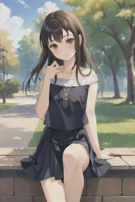 <lora:koga norioV1:.7>, (best quality, masterpiece), norio, 1boy, solo, black_hair, brown_eyes, long hair, looking at viewer, blush. outdoors, park, skirt, bare shoulders,