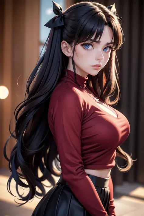 (masterpiece, best quality, hires, high resolution:1.2, 4k, 8k , high quality), extremely detailed, realistic, intricate details, highres, 1girl, solo, red long hair, blue eyes, blush, freckles, (large breasts, thick thighs, wide hips), arched back,(cinematic lighting, sunlight, perfect lighting, backlighting), eye-level shot, extreme close-up-shot, naughty look, looking at viewer,           <lora:Rin_Tohsaka_Fate_Ecsta:0.5> rin_tohsaka_ecsta, tohsaka rin, hair ribbon, black hair, blue eyes, black ribbon, red sweater, black skirt, cross necklace