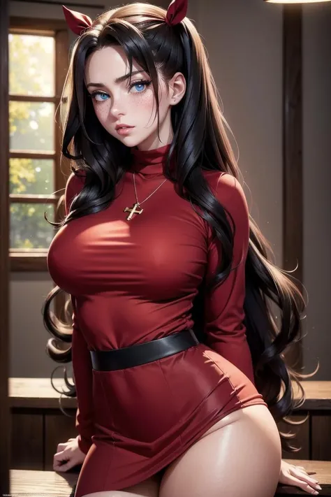(masterpiece, best quality, hires, high resolution:1.2, 4k, 8k , high quality), extremely detailed, realistic, intricate details, highres, 1girl, solo, red long hair, blue eyes, blush, freckles, (large breasts, thick thighs, wide hips), arched back,(cinematic lighting, sunlight, perfect lighting, backlighting), eye-level shot, extreme close-up-shot, naughty look, looking at viewer, <lora:Rin_Tohsaka_Fate_Ecsta:0.5> rin_tohsaka_ecsta, tohsaka rin, hair ribbon, black hair, blue eyes, black ribbon, red sweater, black skirt, cross necklace