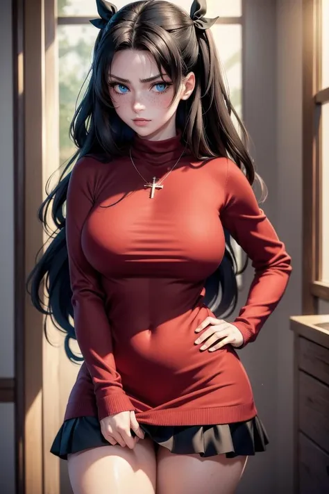 (masterpiece, best quality, hires, high resolution:1.2, 4k, 8k , high quality), extremely detailed, realistic, intricate details, highres, 1girl, solo, red long hair, blue eyes, blush, freckles, (large breasts, thick thighs, wide hips), arched back,(cinematic lighting, sunlight, perfect lighting, backlighting), eye-level shot, extreme close-up-shot, naughty look, looking at viewer,           <lora:Rin_Tohsaka_Fate_Ecsta:0.5> rin_tohsaka_ecsta, tohsaka rin, hair ribbon, black hair, blue eyes, black ribbon, red sweater, black skirt, cross necklace