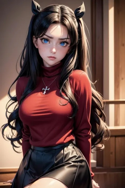 (masterpiece, best quality, hires, high resolution:1.2, 4k, 8k , high quality), extremely detailed, realistic, intricate details, highres, 1girl, solo, red long hair, blue eyes, blush, freckles, (large breasts, thick thighs, wide hips), arched back,(cinematic lighting, sunlight, perfect lighting, backlighting), eye-level shot, extreme close-up-shot, naughty look, looking at viewer,           <lora:Rin_Tohsaka_Fate_Ecsta:0.5> rin_tohsaka_ecsta, tohsaka rin, hair ribbon, black hair, blue eyes, black ribbon, red sweater, black skirt, cross necklace