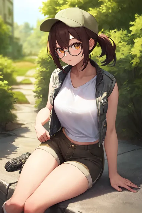 masterpiece, best_quality, 1girl, solo, fio germi, round eyewear, hat, shorts, cropped jacket,