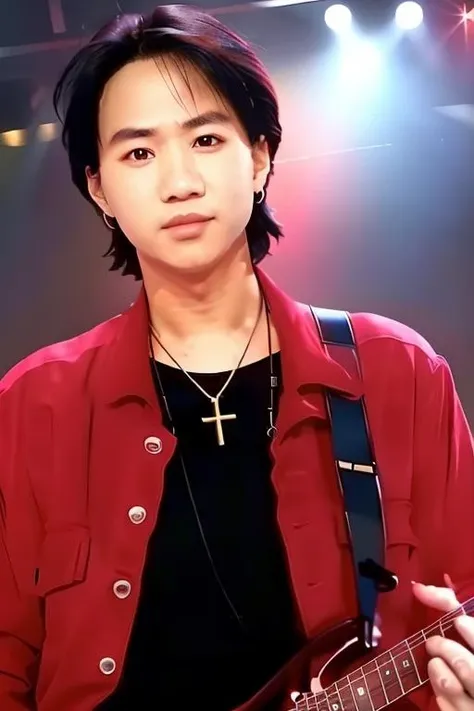 a concert,stage with light,neon lights, cyberpunk, red theme,
(red_jacket:1.3),black shirt,cross necklace, earrings,jewelry, latin cross,
playing instrument,electric guitar, guitar, holding instrument,
<lora:Ka_Kui_Wong_Beyond-KK77-V1:0.85>,realistic,
short hair, black eyes, black hair,forehead,
official art,extremely detailed CG unity 8k wallpaper, perfect lighting,Colorful, Bright_Front_face_Lighting,shiny skin,
(masterpiece:1.0),(best_quality:1.0), ultra high res,4K,ultra-detailed,
photography, 8K, HDR, highres, absurdres:1.2, Kodak portra 400, film grain, blurry background, bokeh:1.2, lens flare, (vibrant_color:1.2),professional photograph,
