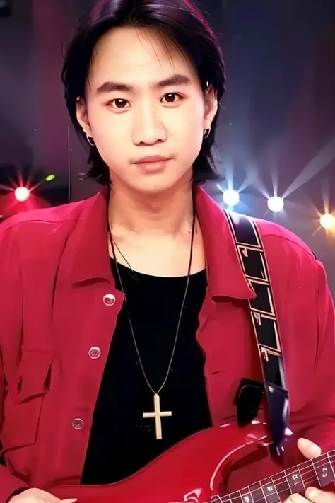 a concert,stage with light,neon lights, cyberpunk, red theme,
(red_jacket:1.3),black shirt,cross necklace, earrings,jewelry, latin cross,
playing instrument,electric guitar, guitar, holding instrument,
<lora:Ka_Kui_Wong_Beyond-KK77-V1:0.85>,realistic,
short hair, black eyes, black hair,forehead,
official art,extremely detailed CG unity 8k wallpaper, perfect lighting,Colorful, Bright_Front_face_Lighting,shiny skin, 
(masterpiece:1.0),(best_quality:1.0), ultra high res,4K,ultra-detailed,
photography, 8K, HDR, highres, absurdres:1.2, Kodak portra 400, film grain, blurry background, bokeh:1.2, lens flare, (vibrant_color:1.2),professional photograph,