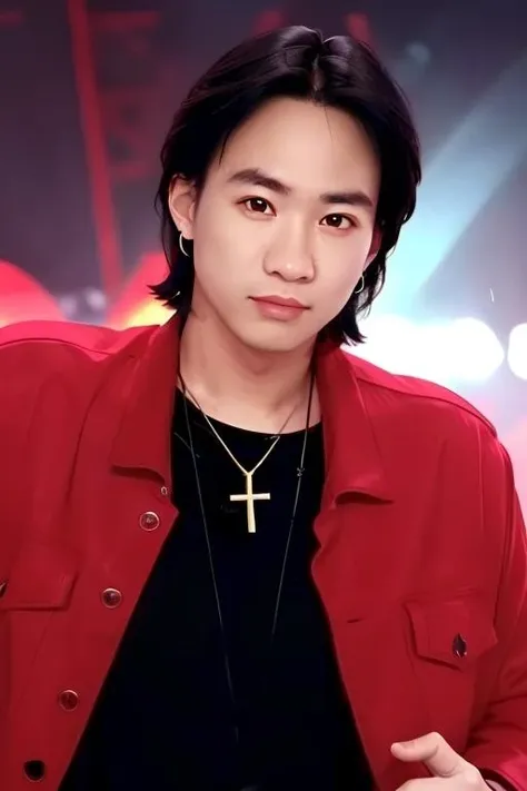 a concert,stage with light,neon lights, cyberpunk, red theme,
(red_jacket:1.3),black shirt,cross necklace, earrings,jewelry, latin cross,
playing instrument,electric guitar, guitar, holding instrument,
<lora:Ka_Kui_Wong_Beyond-KK77-V1:0.7>,realistic,
short hair, black eyes, black hair,forehead,
official art,extremely detailed CG unity 8k wallpaper, perfect lighting,Colorful, Bright_Front_face_Lighting,shiny skin,
(masterpiece:1.0),(best_quality:1.0), ultra high res,4K,ultra-detailed,
photography, 8K, HDR, highres, absurdres:1.2, Kodak portra 400, film grain, blurry background, bokeh:1.2, lens flare, (vibrant_color:1.2),professional photograph,