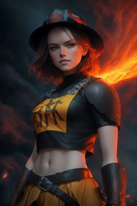 A hyper realistic( rpg portrait:1.4) of (koh_daisyridley:1.3) as (Firefighter-inspired outfit: A yellow crop top with "FIRE" printed in red block letters, paired with black leather shorts and black boots. The outfit is completed with a black firefighter hat.:1.3) in a fantasy D&D universe,epic,masterpiece, a photo of the greatest artwork in the word, magic, fantasy, energy,power,action, epic fantasy character art, concept art, fantasy art, epic fantasy character art, a character portrait, fantasy art, vibrant high contrast, by andrei riabovitchev, tomasz alen kopera,moleksandra shchaslyva, peter mohrbacher, Omnious intricate, octane, moebius, arney freytag, trending on ArtStation, dramatic lighting,smoke, mist, ambient occlusion, volumetric lighting, Lord of the rings, emotional, tattoos, Deviant-art, hyper detailed illustration, 8k, beautiful landscape, gorgeous lighting,