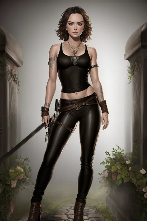 An extremly realistic photograph of (koh_daisyridley :1.3) with extremely long wavy messy hair and (excessive makeup:1.5) as sexy (Tomb Raider :1.4) with her leg on a chair showing off her thighs , (full height photo:1.6), (full length portrait:1.6), best artwork in the world, detailed face, detailed eyes, detailed clothes,sexy outfit, skimpy outfit,revaling, tight,(hourglass figure:1.2)