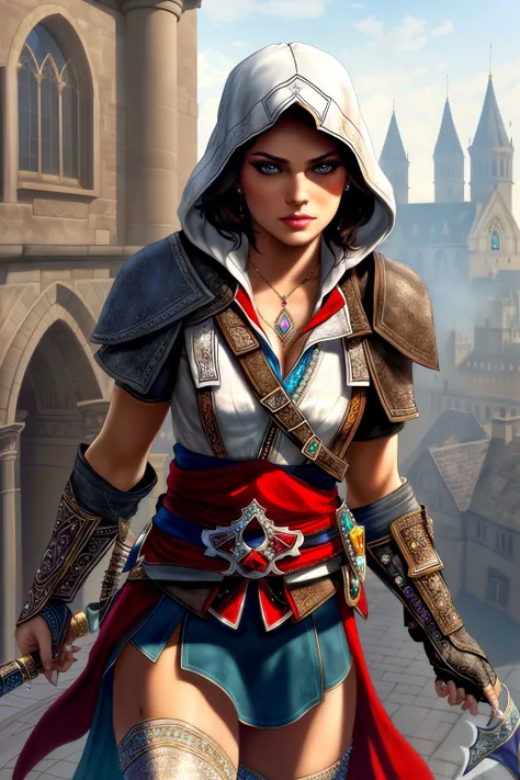A captivating ultra-realistic image of (koh_daisyridley:1.3) as a sexy (As female Ezio Auditore from Assassin's Creed, dressed in the signature white hooded robe, parkouring across a beautifully rendered Renaissance-era cityscape, leaping from rooftop to rooftop or engaging in stealthy combat, vivid colors, high-resolution, 8k quality, detailed architecture, true to the Assassin's Creed series.:1.3) wearing skimpy sexy revealing outfit while Running pose, high resolution, 4k, high quality ,
best artwork in the world,masterpiece, dim volumetric lighting, 8 k, octane beautifully detailed render, extremely hyper detailed, intricate, epic composition, cinematic lighting, masterpiece, trending on artstation, very very detailed, masterpiece, stunning, hdr, smooth, sharp focus, high resolution, award, winning photo, dslr,intricate, elegant, highly detailed, digital painting, artstation, concept art, smooth, illustration, wearing excessive makeup,Blush,Mascara,Eyebrow pencil,Eyeshadow,Eyeliner,Lip liner,Lip gloss,(Dramatic lashes:1.3),Cut crease,Ombre lips,Graphic eyeliner,extreme makeup, eye shadow, lipstick, excessive makeup, Earrings, extravagant Necklace,Choker,Pendant,Bracelet,Anklet,Ring,Brooch,Nose ring,Eyebrow piercing,Lip piercing, (Navel piercing:1.4),(Body chains:1.4),Arm cuff,Scarf,Gold,Silver,Diamond,Ruby,Sapphire,Emerald,Pearl ,Opal ,Amethyst ,Turquoise,Jade,Garnet,Rose,Tanzanite, (belt made of jewels:1.3), belts,( elaborate accessories:1.2), neckless, earrings, choker, bracelets, (jewelry:1.2), many accessories, diamonds, gold, silver, jades, rubies, precious stones, expensive jewelry, elaborate jewelry, extravagant ,(intricate designs and studded with dazzling gemstones:1.3) ,sparkling diamonds,(adorned and embellished with jewelry:1.3),accentuating the contours and edges of her clothing,intricate designs and bejeweled patterns, sophistication and luxury, wearing excessive makeup,Blush,Mascara,Eyebrow pencil,Eyeshadow,Eyeliner,Lip liner,Lip gloss,(Dramatic lashes:1.3),Cut crease,Ombre lips,Graphic eyeliner,extreme makeup, eye shadow, lipstick, excessive makeup, Earrings, extravagant Necklace,Choker,Pendant,Bracelet,Anklet,Ring,Brooch,Nose ring,Eyebrow piercing,Lip piercing, (Navel piercing:1.4),(Body chains:1.4),Arm cuff,Scarf,Gold,Silver,Diamond,Ruby,Sapphire,Emerald,Pearl ,Opal ,Amethyst ,Turquoise,Jade,Garnet,Rose,Tanzanite, (belt made of jewels:1.3), belts,( elaborate accessories:1.2), neckless, earrings, choker, bracelets, (jewelry:1.2), many accessories, diamonds, gold, silver, jades, rubies, precious stones, expensive jewelry, elaborate jewelry, extravagant ,(intricate designs and studded with dazzling gemstones:1.3) ,sparkling diamonds,(adorned and embellished with jewelry:1.3),accentuating the contours and edges of her clothing,intricate designs and bejeweled patterns, sophistication and luxury, wearing excessive makeup,Blush,Mascara,Eyebrow pencil,Eyeshadow,Eyeliner,Lip liner,Lip gloss,(Dramatic lashes:1.3),Cut crease,Ombre lips,Graphic eyeliner,extreme makeup, eye shadow, lipstick, excessive makeup, Earrings, extravagant Necklace,Choker,Pendant,Bracelet,Anklet,Ring,Brooch,Nose ring,Eyebrow piercing,Lip piercing, (Navel piercing:1.4),(Body chains:1.4),Arm cuff,Scarf,Gold,Silver,Diamond,Ruby,Sapphire,Emerald,Pearl ,Opal ,Amethyst ,Turquoise,Jade,Garnet,Rose,Tanzanite, (belt made of jewels:1.3), belts,( elaborate accessories:1.2), neckless, earrings, choker, bracelets, (jewelry:1.2), many accessories, diamonds, gold, silver, jades, rubies, precious stones, expensive jewelry, elaborate jewelry, extravagant ,(intricate designs and studded with dazzling gemstones:1.3) ,sparkling diamonds,(adorned and embellished with jewelry:1.3),accentuating the contours and edges of her clothing,intricate designs and bejeweled patterns, sophistication and luxury, wearing excessive makeup,Blush,Mascara,Eyebrow pencil,Eyeshadow,Eyeliner,Lip liner,Lip gloss,(Dramatic lashes:1.3),Cut crease,Ombre lips,Graphic eyeliner,extreme makeup, eye shadow, lipstick, excessive makeup, Earrings, extravagant Necklace,Choker,Pendant,Bracelet,Anklet,Ring,Brooch,Nose ring,Eyebrow piercing,Lip piercing, (Navel piercing:1.4),(Body chains:1.4),Arm cuff,Scarf,Gold,Silver,Diamond,Ruby,Sapphire,Emerald,Pearl ,Opal ,Amethyst ,Turquoise,Jade,Garnet,Rose,Tanzanite, (belt made of jewels:1.3), belts,( elaborate accessories:1.2), neckless, earrings, choker, bracelets, (jewelry:1.2), many accessories, diamonds, gold, silver, jades, rubies, precious stones, expensive jewelry, elaborate jewelry, extravagant ,(intricate designs and studded with dazzling gemstones:1.3) ,sparkling diamonds,(adorned and embellished with jewelry:1.3),accentuating the contours and edges of her clothing,intricate designs and bejeweled patterns, sophistication and luxury, wearing excessive makeup,Blush,Mascara,Eyebrow pencil,Eyeshadow,Eyeliner,Lip liner,Lip gloss,(Dramatic lashes:1.3),Cut crease,Ombre lips,Graphic eyeliner,extreme makeup, eye shadow, lipstick, excessive makeup, Earrings, extravagant Necklace,Choker,Pendant,Bracelet,Anklet,Ring,Brooch,Nose ring,Eyebrow piercing,Lip piercing, (Navel piercing:1.4),(Body chains:1.4),Arm cuff,Scarf,Gold,Silver,Diamond,Ruby,Sapphire,Emerald,Pearl ,Opal ,Amethyst ,Turquoise,Jade,Garnet,Rose,Tanzanite, (belt made of jewels:1.3), belts,( elaborate accessories:1.2), neckless, earrings, choker, bracelets, (jewelry:1.2), many accessories, diamonds, gold, silver, jades, rubies, precious stones, expensive jewelry, elaborate jewelry, extravagant ,(intricate designs and studded with dazzling gemstones:1.3) ,sparkling diamonds,(adorned and embellished with jewelry:1.3),accentuating the contours and edges of her clothing,intricate designs and bejeweled patterns, sophistication and luxury, wearing excessive makeup,Blush,Mascara,Eyebrow pencil,Eyeshadow,Eyeliner,Lip liner,Lip gloss,(Dramatic lashes:1.3),Cut crease,Ombre lips,Graphic eyeliner,extreme makeup, eye shadow, lipstick, excessive makeup, Earrings, extravagant Necklace,Choker,Pendant,Bracelet,Anklet,Ring,Brooch,Nose ring,Eyebrow piercing,Lip piercing, (Navel piercing:1.4),(Body chains:1.4),Arm cuff,Scarf,Gold,Silver,Diamond,Ruby,Sapphire,Emerald,Pearl ,Opal ,Amethyst ,Turquoise,Jade,Garnet,Rose,Tanzanite, (belt made of jewels:1.3), belts,( elaborate accessories:1.2), neckless, earrings, choker, bracelets, (jewelry:1.2), many accessories, diamonds, gold, silver, jades, rubies, precious stones, expensive jewelry, elaborate jewelry, extravagant ,(intricate designs and studded with dazzling gemstones:1.3) ,sparkling diamonds,(adorned and embellished with jewelry:1.3),accentuating the contours and edges of her clothing,intricate designs and bejeweled patterns, sophistication and luxury, wearing excessive makeup,Blush,Mascara,Eyebrow pencil,Eyeshadow,Eyeliner,Lip liner,Lip gloss,(Dramatic lashes:1.3),Cut crease,Ombre lips,Graphic eyeliner,extreme makeup, eye shadow, lipstick, excessive makeup, Earrings, extravagant Necklace,Choker,Pendant,Bracelet,Anklet,Ring,Brooch,Nose ring,Eyebrow piercing,Lip piercing, (Navel piercing:1.4),(Body chains:1.4),Arm cuff,Scarf,Gold,Silver,Diamond,Ruby,Sapphire,Emerald,Pearl ,Opal ,Amethyst ,Turquoise,Jade,Garnet,Rose,Tanzanite, (belt made of jewels:1.3), belts,( elaborate accessories:1.2), neckless, earrings, choker, bracelets, (jewelry:1.2), many accessories, diamonds, gold, silver, jades, rubies, precious stones, expensive jewelry, elaborate jewelry, extravagant ,(intricate designs and studded with dazzling gemstones:1.3) ,sparkling diamonds,(adorned and embellished with jewelry:1.3),accentuating the contours and edges of her clothing,intricate designs and bejeweled patterns, sophistication and luxury, wearing excessive makeup,Blush,Mascara,Eyebrow pencil,Eyeshadow,Eyeliner,Lip liner,Lip gloss,(Dramatic lashes:1.3),Cut crease,Ombre lips,Graphic eyeliner,extreme makeup, eye shadow, lipstick, excessive makeup, Earrings, extravagant Necklace,Choker,Pendant,Bracelet,Anklet,Ring,Brooch,Nose ring,Eyebrow piercing,Lip piercing, (Navel piercing:1.4),(Body chains:1.4),Arm cuff,Scarf,Gold,Silver,Diamond,Ruby,Sapphire,Emerald,Pearl ,Opal ,Amethyst ,Turquoise,Jade,Garnet,Rose,Tanzanite, (belt made of jewels:1.3), belts,( elaborate accessories:1.2), neckless, earrings, choker, bracelets, (jewelry:1.2), many accessories, diamonds, gold, silver, jades, rubies, precious stones, expensive jewelry, elaborate jewelry, extravagant ,(intricate designs and studded with dazzling gemstones:1.3) ,sparkling diamonds,(adorned and embellished with jewelry:1.3),accentuating the contours and edges of her clothing,intricate designs and bejeweled patterns, sophistication and luxury, wearing excessive makeup,Blush,Mascara,Eyebrow pencil,Eyeshadow,Eyeliner,Lip liner,Lip gloss,(Dramatic lashes:1.3),Cut crease,Ombre lips,Graphic eyeliner,extreme makeup, eye shadow, lipstick, excessive makeup, Earrings, extravagant Necklace,Choker,Pendant,Bracelet,Anklet,Ring,Brooch,Nose ring,Eyebrow piercing,Lip piercing, (Navel piercing:1.4),(Body chains:1.4),Arm cuff,Scarf,Gold,Silver,Diamond,Ruby,Sapphire,Emerald,Pearl ,Opal ,Amethyst ,Turquoise,Jade,Garnet,Rose,Tanzanite, (belt made of jewels:1.3), belts,( elaborate accessories:1.2), neckless, earrings, choker, bracelets, (jewelry:1.2), many accessories, diamonds, gold, silver, jades, rubies, precious stones, expensive jewelry, elaborate jewelry, extravagant ,(intricate designs and studded with dazzling gemstones:1.3) ,sparkling diamonds,(adorned and embellished with jewelry:1.3),accentuating the contours and edges of her clothing,intricate designs and bejeweled patterns, sophistication and luxury, wearing excessive makeup,Blush,Mascara,Eyebrow pencil,Eyeshadow,Eyeliner,Lip liner,Lip gloss,(Dramatic lashes:1.3),Cut crease,Ombre lips,Graphic eyeliner,extreme makeup, eye shadow, lipstick, excessive makeup, Earrings, extravagant Necklace,Choker,Pendant,Bracelet,Anklet,Ring,Brooch,Nose ring,Eyebrow piercing,Lip piercing, (Navel piercing:1.4),(Body chains:1.4),Arm cuff,Scarf,Gold,Silver,Diamond,Ruby,Sapphire,Emerald,Pearl ,Opal ,Amethyst ,Turquoise,Jade,Garnet,Rose,Tanzanite, (belt made of jewels:1.3), belts,( elaborate accessories:1.2), neckless, earrings, choker, bracelets, (jewelry:1.2), many accessories, diamonds, gold, silver, jades, rubies, precious stones, expensive jewelry, elaborate jewelry, extravagant ,(intricate designs and studded with dazzling gemstones:1.3) ,sparkling diamonds,(adorned and embellished with jewelry:1.3),accentuating the contours and edges of her clothing,intricate designs and bejeweled patterns, sophistication and luxury, wearing excessive makeup,Blush,Mascara,Eyebrow pencil,Eyeshadow,Eyeliner,Lip liner,Lip gloss,(Dramatic lashes:1.3),Cut crease,Ombre lips,Graphic eyeliner,extreme makeup, eye shadow, lipstick, excessive makeup, Earrings, extravagant Necklace,Choker,Pendant,Bracelet,Anklet,Ring,Brooch,Nose ring,Eyebrow piercing,Lip piercing, (Navel piercing:1.4),(Body chains:1.4),Arm cuff,Scarf,Gold,Silver,Diamond,Ruby,Sapphire,Emerald,Pearl ,Opal ,Amethyst ,Turquoise,Jade,Garnet,Rose,Tanzanite, (belt made of jewels:1.3), belts,( elaborate accessories:1.2), neckless, earrings, choker, bracelets, (jewelry:1.2), many accessories, diamonds, gold, silver, jades, rubies, precious stones, expensive jewelry, elaborate jewelry, extravagant ,(intricate designs and studded with dazzling gemstones:1.3) ,sparkling diamonds,(adorned and embellished with jewelry:1.3),accentuating the contours and edges of her clothing,intricate designs and bejeweled patterns, sophistication and luxury, wearing excessive makeup,Blush,Mascara,Eyebrow pencil,Eyeshadow,Eyeliner,Lip liner,Lip gloss,(Dramatic lashes:1.3),Cut crease,Ombre lips,Graphic eyeliner,extreme makeup, eye shadow, lipstick, excessive makeup, Earrings, extravagant Necklace,Choker,Pendant,Bracelet,Anklet,Ring,Brooch,Nose ring,Eyebrow piercing,Lip piercing, (Navel piercing:1.4),(Body chains:1.4),Arm cuff,Scarf,Gold,Silver,Diamond,Ruby,Sapphire,Emerald,Pearl ,Opal ,Amethyst ,Turquoise,Jade,Garnet,Rose,Tanzanite, (belt made of jewels:1.3), belts,( elaborate accessories:1.2), neckless, earrings, choker, bracelets, (jewelry:1.2), many accessories, diamonds, gold, silver, jades, rubies, precious stones, expensive jewelry, elaborate jewelry, extravagant ,(intricate designs and studded with dazzling gemstones:1.3) ,sparkling diamonds,(adorned and embellished with jewelry:1.3),accentuating the contours and edges of her clothing,intricate designs and bejeweled patterns, sophistication and luxury