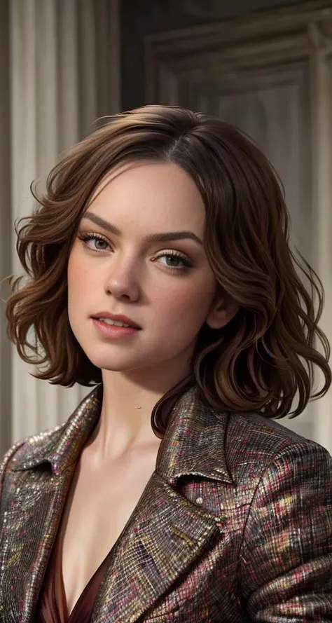 koh_daisyridley:0.8,  woman, solo, warrior, white hair, dark red eyes, detailed face, (arosen style :0.9), masterpiece, professional, high quality, beautiful, amazing, mid-century, ArtStation, Long coat, fallacious, photoshoot, 4k, realistic, detailed background, tremendous, real life, by William Hogarth, by Taro Okamoto,