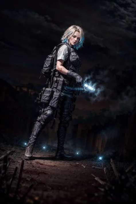 ---Set Char
((best quality)), ((masterpiece)) , ((realistic)), (detailed), (extreme dutch angle shot:1.7) of (beautiful female:1.4) in a sci fi Pha Sin, Southeast Asian , ((highly detailed skin)), ((holding a flashlight pointed at the viewer)), looking at the viewer, blue eyes, long Silver hair, Top knot, big boobs, hard nipples visible through clothing, (multicolor highlights in hair:1.5), highly detailed eyes, dark makeup, stunning gradient colors, wind, (action pose:1.5), insanely detailed, crowd, many people, ((night)), (dark), evil , (horror:1.3), Shinya Kumazaki, pistol, weapon, , <lora:btpt-fC_v1.2a:1> btpt-fc, <lora:urbansamuraiv3testing:0.6> techwear, blood, bloody, murder, white clothing, (((bloody tactical vest))), ripped clothing, volumetric fog, fog, koh_daisyridley, (high contrast:1.3),
---Set Environment
((Crime noire)), dark alley, (wounded:1.3), (dead body in the foreground:1.3), ((shadow monsters in the background)), (underground:1.2), post apocalyptic city, detailed background, fire in the background, dramatic lighting,<lora:epi_noiseoffset2:1> <lora:add_detail:2>
---Set cinematics
(golden ratio), (rule of thirds), no watermark signature, (volumetric lighting:1.3), glow, bloom, rim light, cinematic shot + dynamic composition, incredibly detailed, sharpen, details + intricate detail + 200mm + anamorphic + cinematography + bokeh + lens flare + film grain + HDR10 + 8K, Christopher Doyle, ((cinematic)), no watermark, bloom, ((masterpiece)), absurdres, hdr