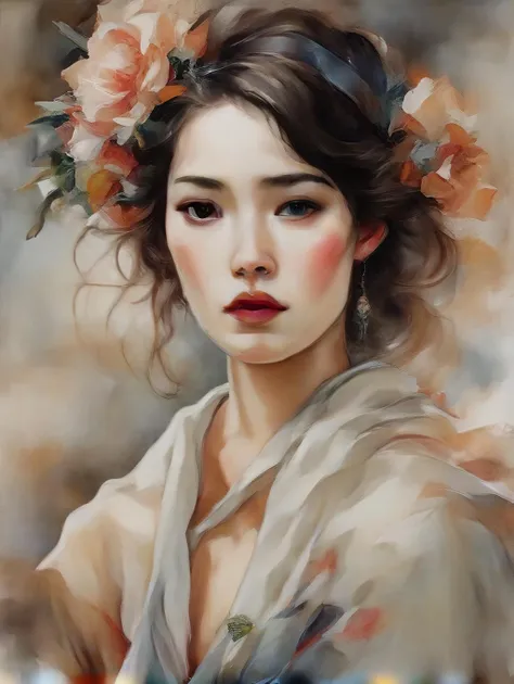 highly detailed traditional watercolor painting, vintage (watercolor painting:1.3) of a stunning watercolor painting on canvas of a beautiful woman, ultra-fine details, absurdes, daring photography, ambient lighting, shadows, film grain, in the style of Stephen Zhang, Jian Wu, Iris Compiet, Russ Mills, Georgia O'keeffe, Albrecht Durer, Charles Demuth.  Create a stunning and elegant digital painting in a vintage style, with atmospheric lighting that oozes cinematic composition. The artist's use of watercolor-style colors adds to the overall charm and appeal of the painting.