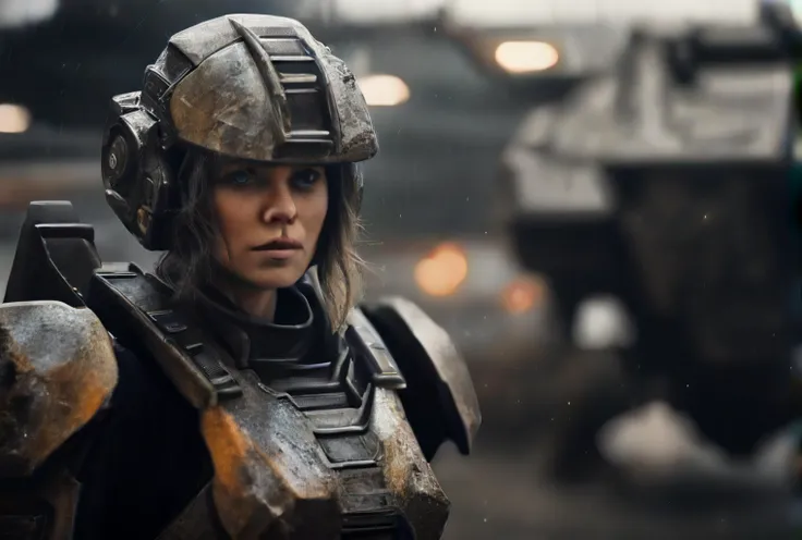 cinematic film still portrait of a solo female mech pilot standing in front of her (large combat mech:1.3), scifi armor, military base, heavy rain, full scifi helmet, visor, detailed eyes, dry skin, skin fuzz, visible skin hair, skin blemishes

,, shallow depth of field, vignette, highly detailed, high budget Hollywood film, bokeh, cinemascope, moody, epic, gorgeous, film grain