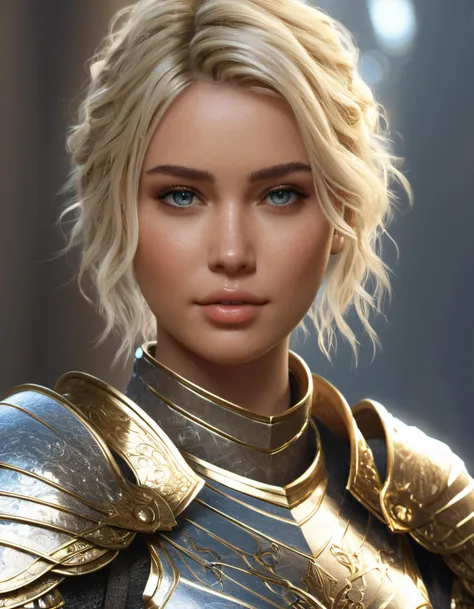 knight, short messy blond hair, blue eyes, scales, detailed armor, short hair, metallic, highly detailed painting, ornaments, gold, nice body, hyper detailed face, unreal engine, 8k, Ultra high quality, detailed face, soft natural skin, detailed reflective eyes, sparks, airy, leaves, sunlight, sunny day, sunbeams, bright colors, fantasy, concept art, digital art, flawless eyes, flawless face, flawless, beautiful detailed eyes, hyperdetailed face, complex, golden ratio, detailed, realistic, 8k uhd, high quality