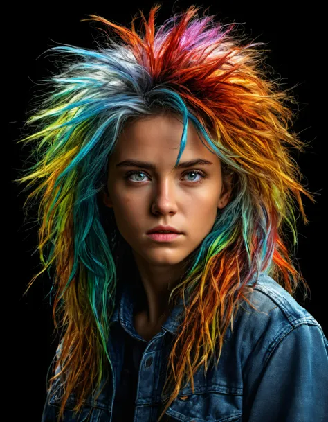 (masterpiece:1.1), (highest quality:1.1), (HDR:1.0), girl with really wild hair, mane, multicolored hairlighting, (from front:0.6), bad X, SimplepositiveXLv1
, detailed, realistic, 8k uhd, high quality