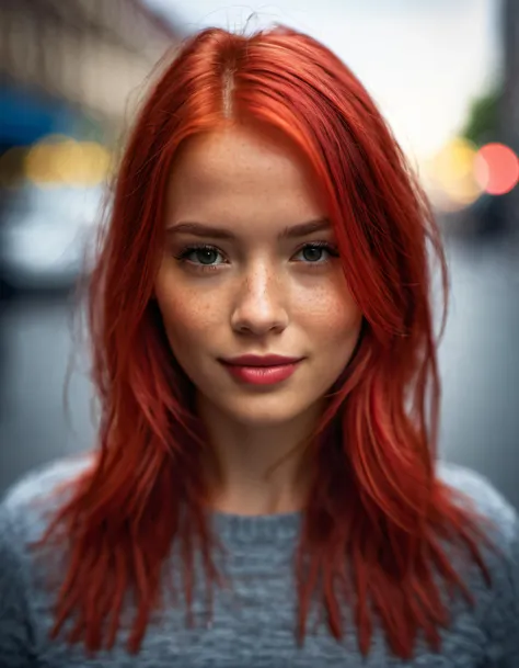 1girl, red hair, multi-colored text:("Delicious XL"), shallow depth of field, vignette, highly detailed, high budget, bokeh, cinemascope, moody, epic, gorgeous, film grain, grainy, detailed, realistic, 8k uhd, high quality