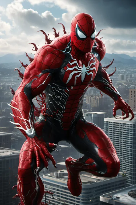 perfect mix between Carnage from Marvel and Godzilla, with Carnage's red tentacles protruding from his entire body, destroying city, blood, epic, (cataclysmic, white eyes like venom, gargantuan, taller than buildings, oversized, gigantic:1.6), absurdres, best quality, fantasy style, (intricate details), (hyperdetailed), 8k hdr, high detailed, lot of details, high quality, soft cinematic light, dramatic atmosphere, atmospheric perspective, detailed, realistic, 8k uhd, high quality