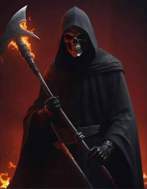 ((masterpiece, best quality, high quality, highres, ultra-detailed)), reaper, holding scythe, hood up, robe, claws, skull, text, (fire, sparks, smoke, red:0.6), dark background,, detailed, realistic, 8k uhd, high quality