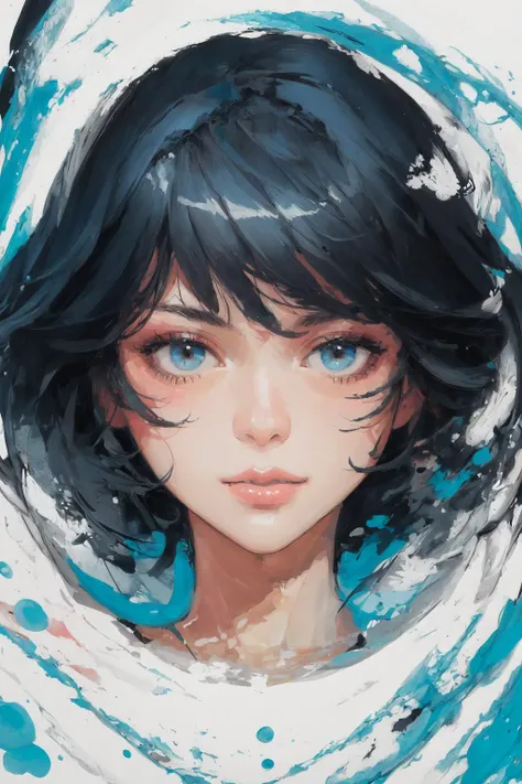 masterpiece,best quality,flat color,1girl,impressionism,abstract art,looking at viewer,dynamic pose,colorful,2d,calligraphy brush,spilling ink,