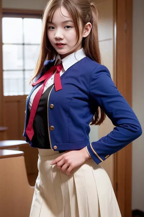 best quality, ultra high res, (photorealistic:1.4), 1girl, hoshino ruby, mismatched pupils, star-shaped pupils, blonde hair, long hair, school uniform, long sleeves, gold edge suit, red ribbon, [black vest], white collar, taupe pleated skirt, standing, (arms behind back), upper body, tokyo night, <lora:brj-hoshino-ruby-v1:1>