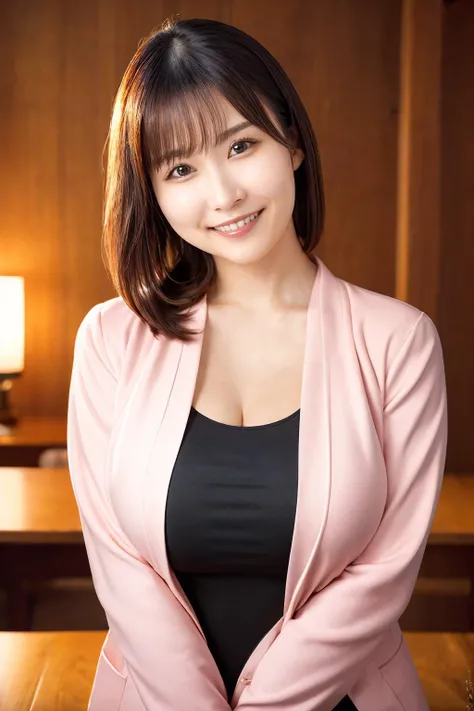 asunakawaii_jav, breasts, <lora:JAV_asuna_kawaii_v1b-000010:0.8>
dynamite lighting, looking at viewer, indoors, upper body, wearing black blouse, pink jacket, smile,
detailed body, attractive body, perfect human body,
(ultimate quality, masterpiece, highres:1.0), (photorealistic, realistic:1.9),
