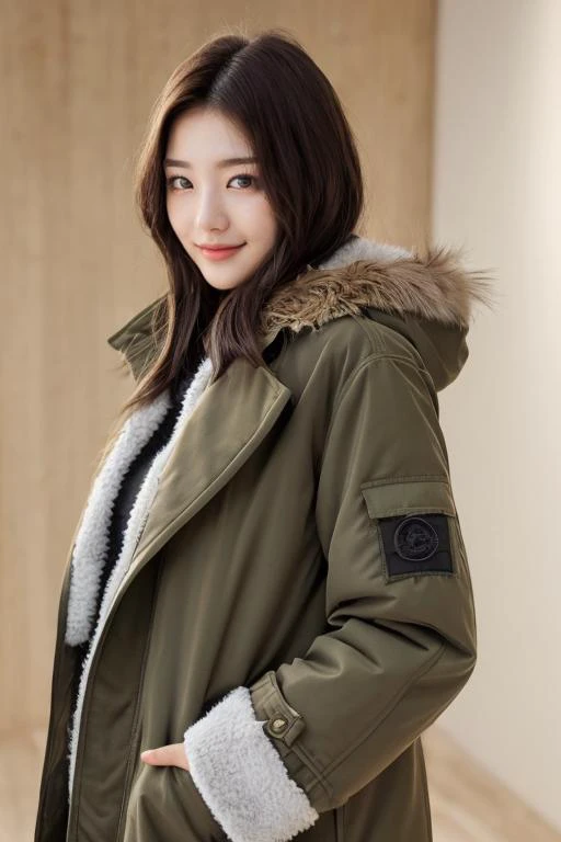 ((best_quality,high_resolution,distimct_image)),ultra_realistic details,sharp focus,detailed skin,(21years old pretty korean girl:1.2),(kpop idol:1.2)(,korean beauty:0.8),(korean mixed),1girl,
shy smile,Faux fur-lined parka jacket in a versatile khaki color,Oversized blazer coat in a structured and tailored design,Faux fur-trimmed puffer coat in a glossy metallic finish for a statement look,(indoor studio background)