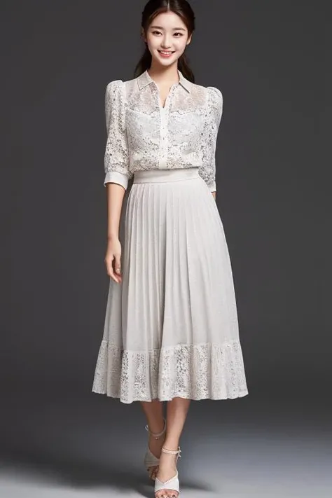 ((best_quality,high_resolution,distimct_image)),ultra_realistic details,sharp focus,detailed skin,full body,(21years old pretty korean girl:1.2),(kpop idol:1.2)(,korean beauty:0.8),(korean mixed),1girl,
shy smile,Floral print frilled shirt tucked into a high-waisted maxi long skirt with wedges,Lace frilled shirt worn with a printed bohemian long skirt and kitten heels,Ruffled frilled shirt tucked into a metallic pleated midi long skirt with block-heel sandals,(indoor studio background)