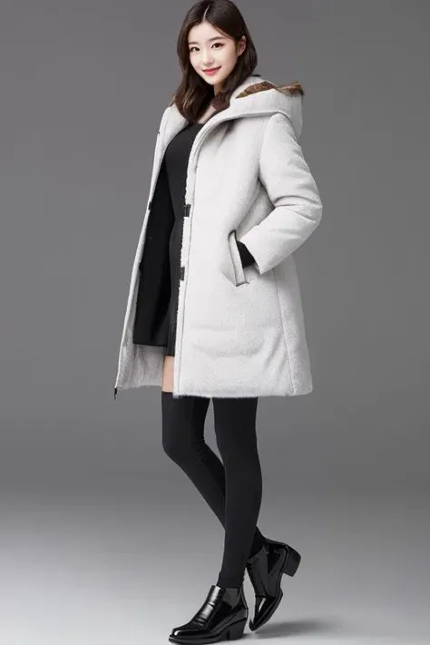 ((best_quality,high_resolution,distimct_image)),ultra_realistic details,sharp focus,detailed skin,full body,(21years old pretty korean girl:1.2),(kpop idol:1.2)(,korean beauty:0.8),(korean mixed),1girl,
shy smile,shoes,Faux fur-trimmed down coat in a glossy black finish,Faux fur-trimmed hooded puffer coat in a sleek and modern design,Faux fur-trimmed puffer coat in a glossy finish and a bold color,(indoor studio background)