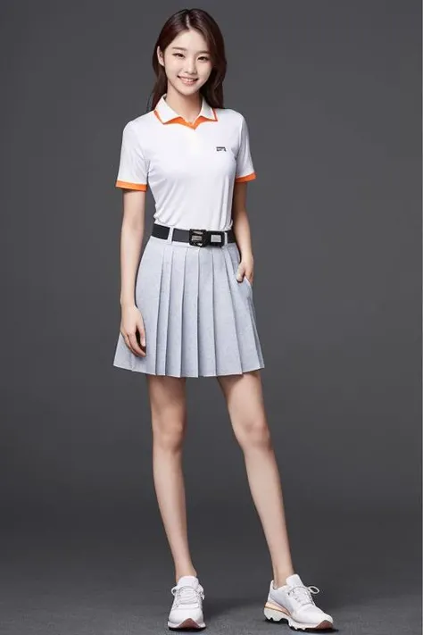 ((best_quality,high_resolution,distimct_image)),ultra_realistic details,sharp focus,detailed skin,full body,(21years old pretty korean girl:1.2),(kpop idol:1.2)(,korean beauty:0.8),(korean mixed),1girl,
shy smile,shoes,Colorblock golf polo shirt and skort with side pockets,Printed golf dress with a mandarin collar and flowy silhouette,Floral print golf dress with a belted waist and pleated A-line skirt,(indoor studio background)