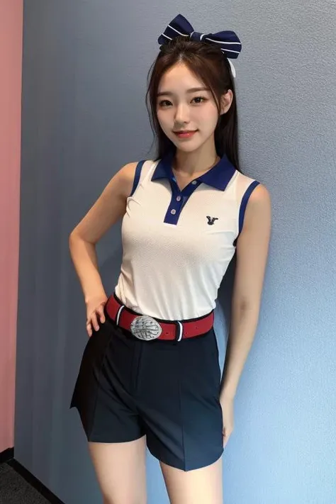 ((best_quality,high_resolution,distimct_image)),ultra_realistic details,sharp focus,detailed skin,full body,(21years old pretty korean girl:1.2),(kpop idol:1.2)(,korean beauty:0.8),(korean mixed),1girl,
shy smile,shoes,V-neck golf polo shirt with contrasting trim and tailored golf shorts,Polo collar sleeveless golf top and high-waisted golf shorts with a bow belt,Collared golf polo shirt with a striped pattern and high-waisted golf shorts,(indoor studio background)