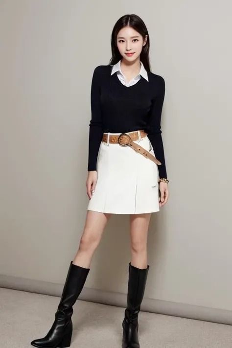 ((best_quality,high_resolution,distimct_image)),ultra_realistic details,sharp focus,detailed skin,full body,(21years old pretty korean girl:1.2),(kpop idol:1.2)(,korean beauty:0.8),(korean mixed),1girl,
shy smile,Cropped collared shirt worn with a high-waisted leather flared skirt and statement ankle boots.,Striped collared shirt layered under a knit sweater, paired with a faux leather flared skirt and ankle boots.,Classic Chic: A white collared shirt tucked into a black flared skirt. Accessorize with a wide belt and pearl jewelry for a timeless and sophisticated ensemble.,(indoor studio background)