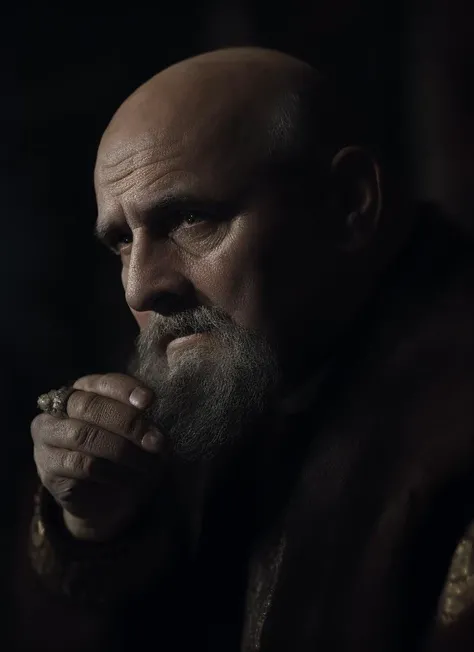 portrait photo, very old man, bald, (detailed face:1.2), beard, old tired look, sad, dark theme, (highly detailed,smooth, sharp focus, professional lighting), <lora:ivangrozny:0.8>, <lora:LowRa:0.7>