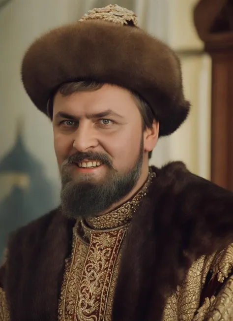 portrait photo, Tsar Ivan the terrible, face, beard, smile, (highly detailed, smooth, sharp focus), <lora:ivangrozny:0.75>