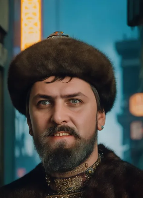 portrait photo, (cyberpunk:1.2), Tsar Ivan the terrible, face, beard, smile, neon, rain, detailed face, (highly detailed,smooth, sharp focus, professional lighting), <lora:ivangrozny:0.75>