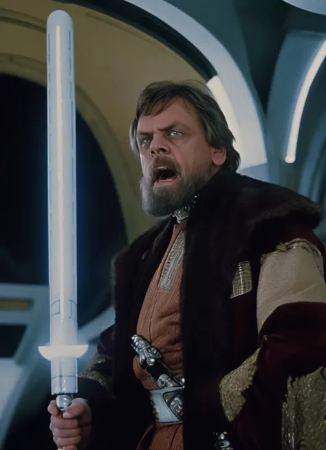 Star wars 1980s film still, (An old Mark Hamill:1.2) as Tsar Ivan the terrible, face, beard, angry, (holding a lightsaber:1.2), at the spaceship, neon, (star wars:1.2), (highly detailed, smooth, sharp focus), <lora:ivangrozny:0.7>