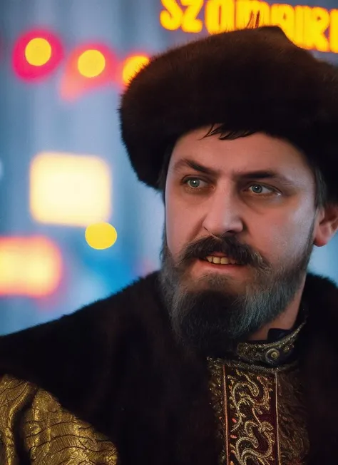 Portrait photo, (cyberpunk:1.2), tsar ivan the terrible, beard, smile, neon, heavy rain, (highly detailed, smooth, sharp focus), <lora:ivangrozny:0.7>