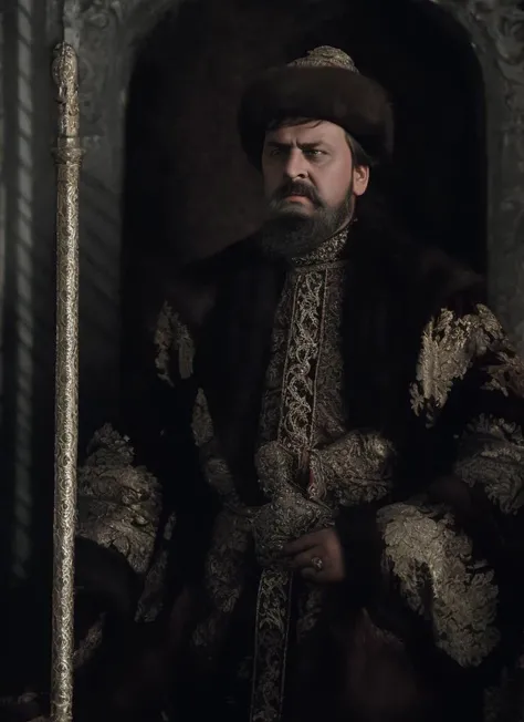 portrait photo, Tsar Ivan the terrible, face, beard, angry, sitting on throne, dark theme, (highly detailed, smooth, sharp focus), <lora:ivangrozny:0.75>, <lora:LowRa:0.7>