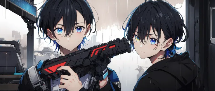 masterpiece, high quality, detailed, rain, death, 1boy holding weapon, night scene, red and black, cyberpunk, ajiro shinpei, heterochromia, blue eyes, <lora:ajiro_shinpei:0.8>