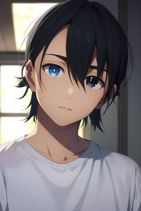 masterpiece, best quality, high quality, 1boy, solo, male focus, looking at viewer, upper body, <lora:ajiro_shinpei:0.78>, ajiro_shinpei, blue eyes, heterochromia, <lora:Realism-10:0.15>, Realism